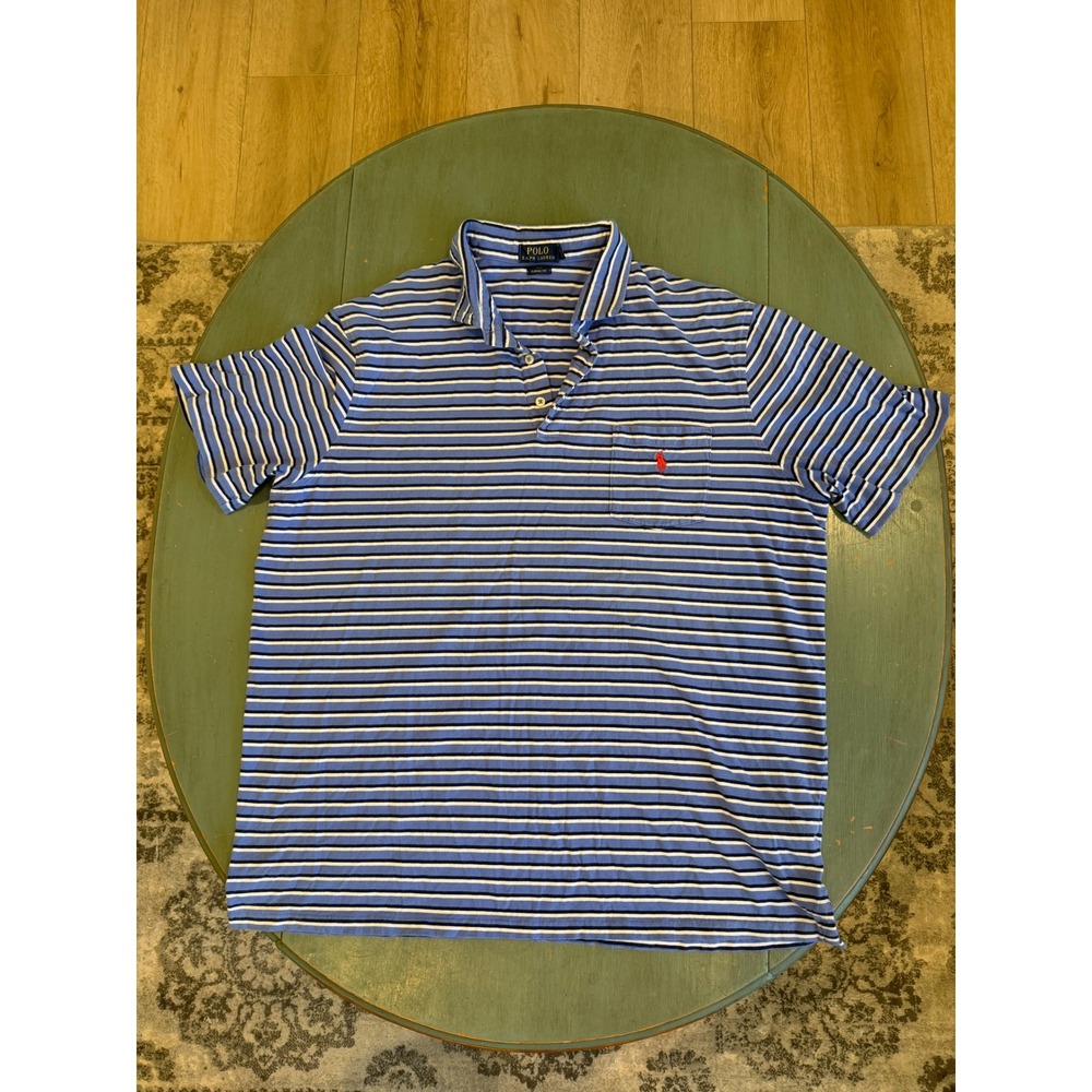 Polo Ralph Lauren Mens XL Classic Fit Striped Pocket Polo Shirt Blue‎ White 0118
